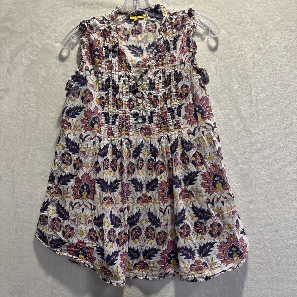 Roberta Roller Rabbit Floral Pintuck Ruffle Button Cotton Sleeveless Top Small